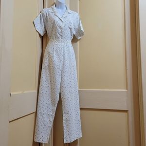 Vintage PJ Short Sleeve Set White Blue Micro-floral print